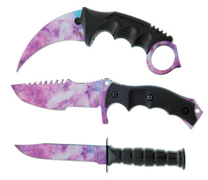 Falcon 3 PCS Pink Galaxy Set featuring Tactical Knives and Karambit with colorful galaxy patterns
