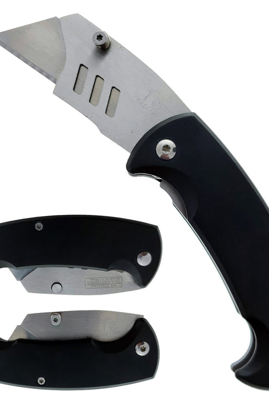 Falcon 6' Folding Knife with 3 Spare Blades featuring a durable black handle and stainless steel blade