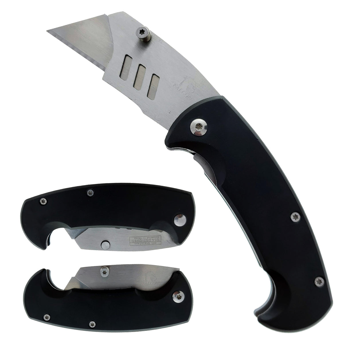 Falcon 6' Folding Knife with 3 Spare Blades featuring a durable black handle and stainless steel blade