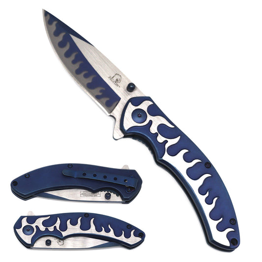Falcon 8" Blue Stainless Blade Spring Assisted Knife with flame design handles for easy grip