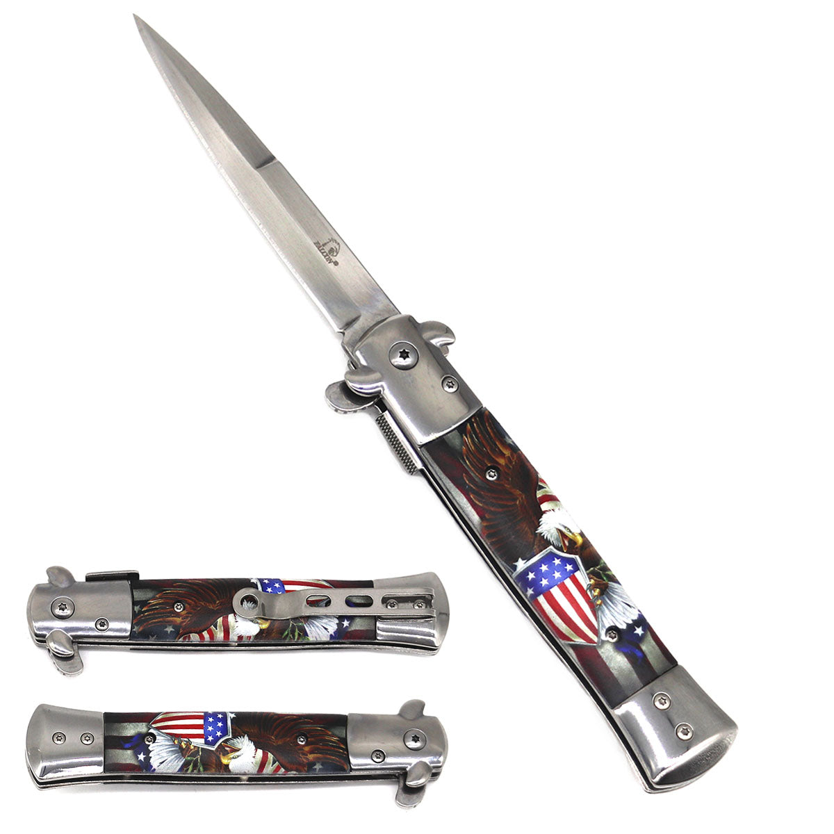 Falcon 8" Eagle Spring Assisted Folding Knife with American Flag Design and Stainless Steel Blade