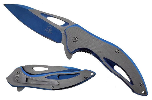 Falcon Blue & Silver Spring Assisted Knife with a sleek design and textured grip for easy handling