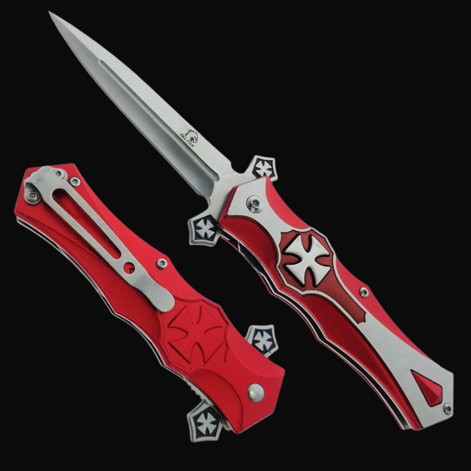 Falcon Chrome Cross Blade Spring Assisted Knife - Red with sleek design and durable blade for everyday use