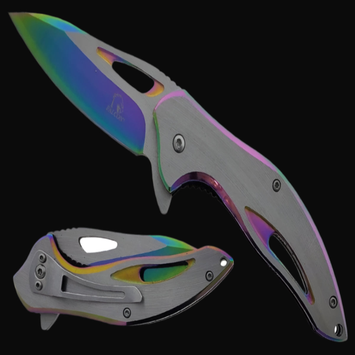 Falcon EDC spring assisted knife with a rainbow finish and ergonomic design for everyday use