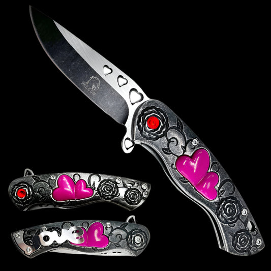 Falcon heart spring assisted pocket knife with stainless blade and decorative pink heart and rose handle folding EDC