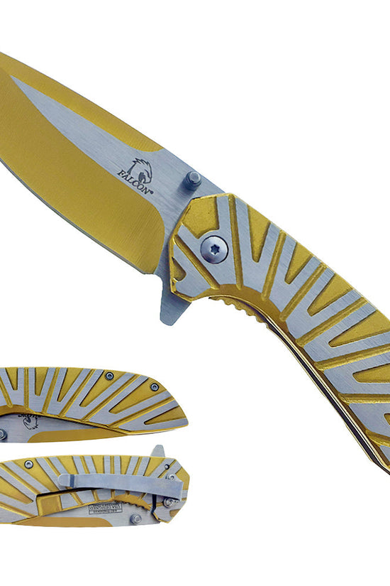 Falcon Gold & Silver Spring Assisted Pocket Knife with Durable Steel Blade and Unique Textured Handle