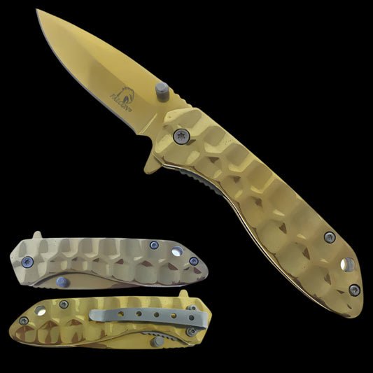 Falcon Gold Spring Assisted Pocket Knife with a sleek design and durable gold finish