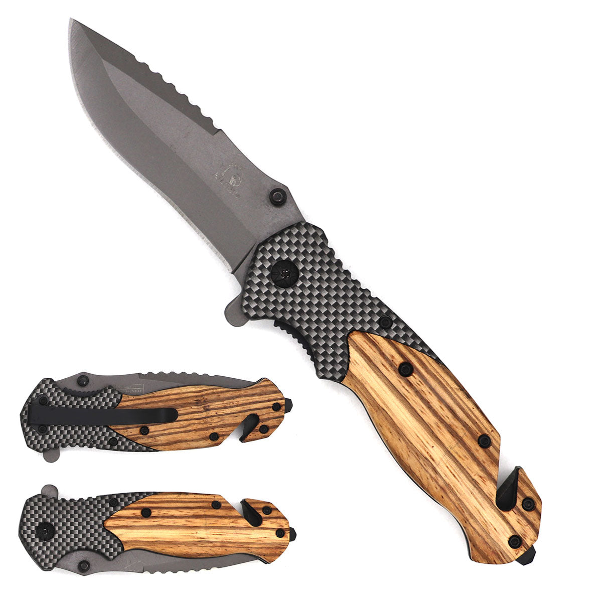 Falcon Grey Blade With Wood & Carbon Fiber Handle Spring Assisted Knife featuring ergonomic design and sturdy construction
