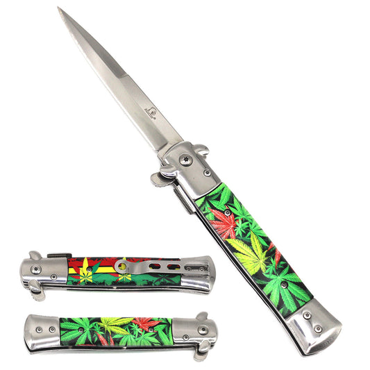 Falcon Jamaican Flag Pocket Knife with colorful leaf design and sleek stainless steel blade
