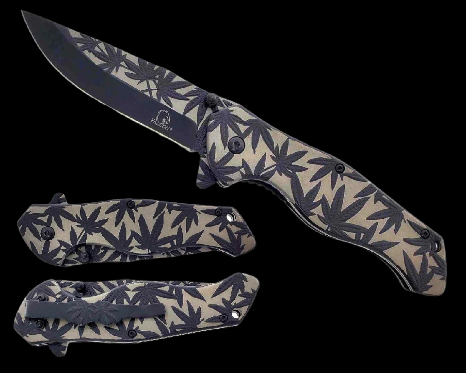 Falcon spring assisted pocket knife with black and tan cannabis leaf design marijuana pattern pocket knife for sale