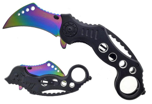 Falcon Rainbow Blade Spring Assisted Knife with ergonomic black handle and curved blade design