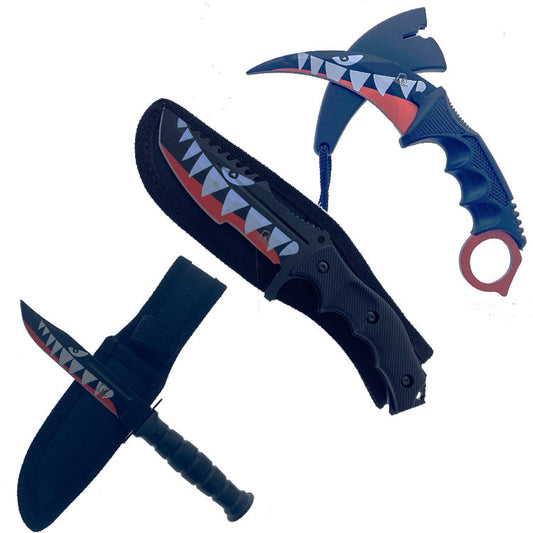 Falcon shark knife set featuring tactical knives with unique shark-themed designs and durable sheaths