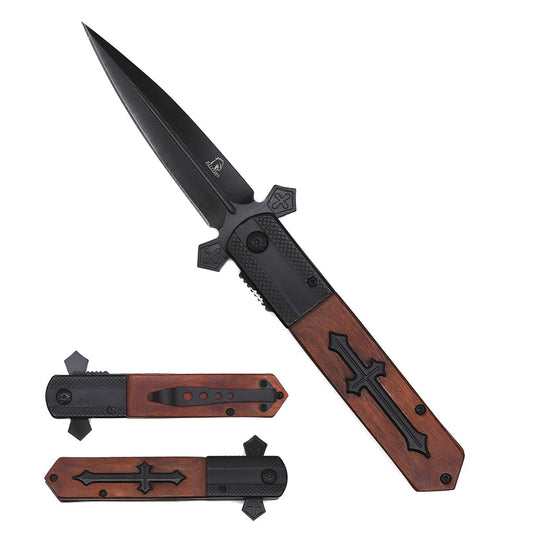 Guild Arms Falcon Spring Assisted Cross Handle Knife featuring a sleek black blade and wood handle