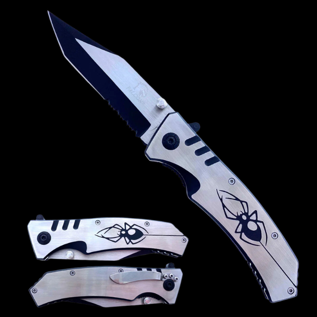 Falcon Spring Assisted Knife Black Widow Design on Handle with Stainless Steel Blade and Ergonomic Grip