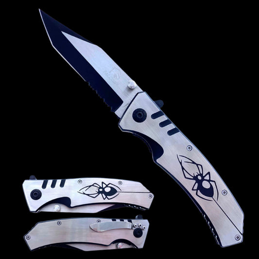Falcon Spring Assisted Knife Black Widow Design on Handle with Stainless Steel Blade and Ergonomic Grip