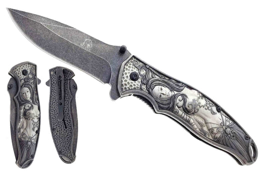 Falcon Spring Assisted Knife w Black 3D Mermaid with intricate detailing on the handle and sharp blade