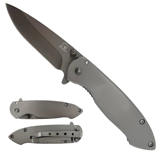 Falcon Spring Assisted Pocket Knife with Gray Handle and Sharp Blade for Easy One-Handed Use
