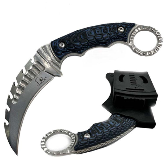 Falcon Tactical Knife Blue Damascus Pattern with curved blade and ergonomic handle for precision cutting