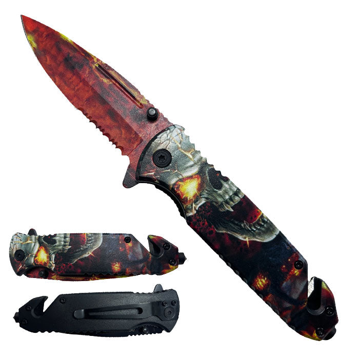 Guild Arms Fire Skull Spring Assisted Knife featuring a striking skull design with a durable blade