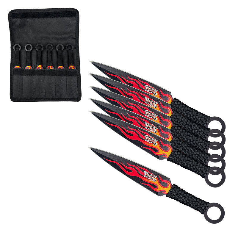 Flame Ninja Kunai 6PCS Set with Sheath featuring six throwing knives with flame design and a convenient storage case