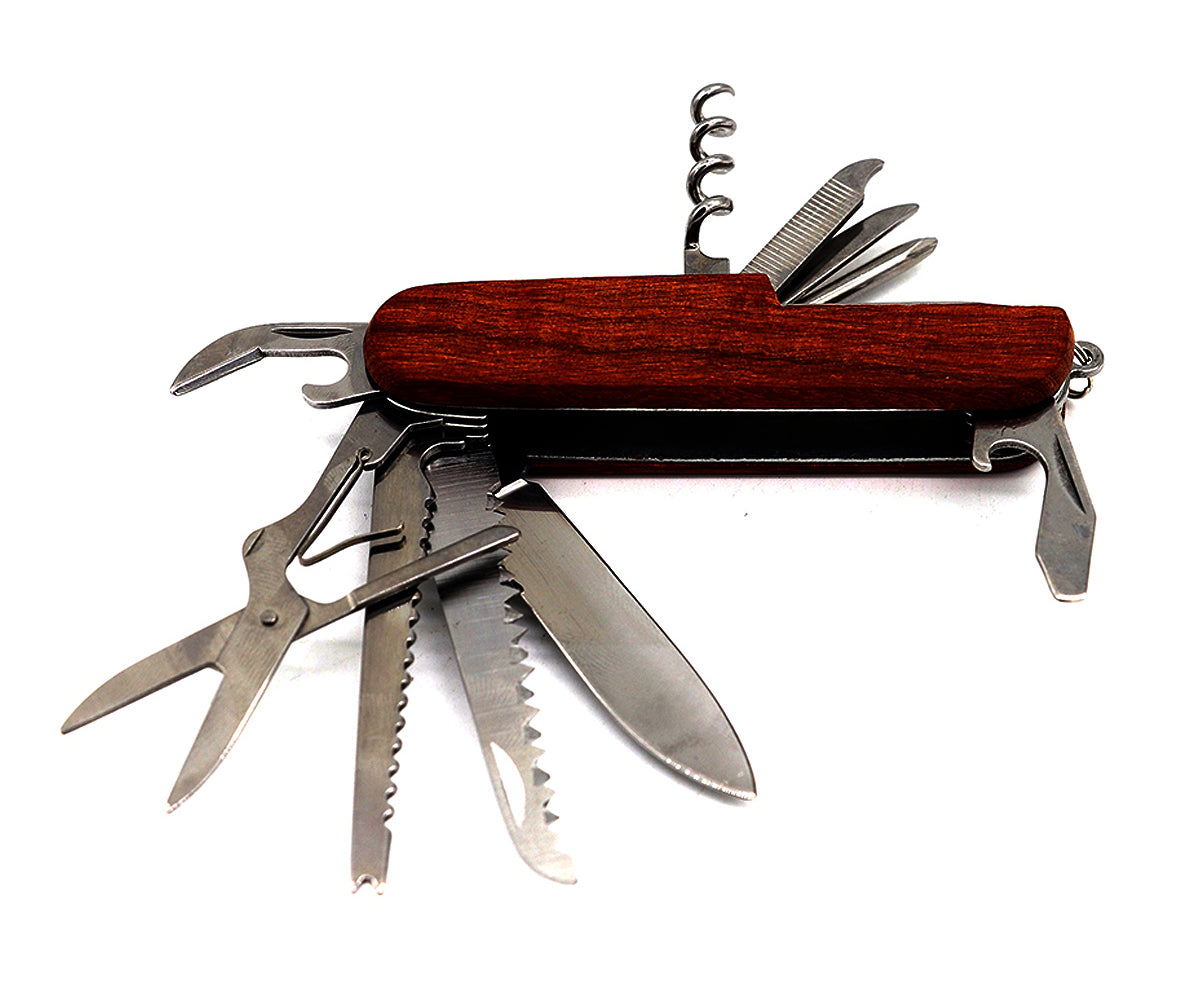 Folding Multi-Tool Knife - Dark Wood Handle with various tools including scissors and screwdrivers