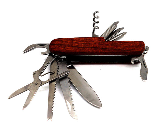 Folding Multi-Tool Knife - Dark Wood Handle with various tools including scissors and screwdrivers
