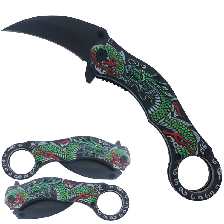 Green Dragon Karambit Spring Assisted Pocket Knife with intricate dragon design and curved blade