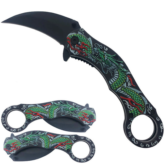 Green Dragon Karambit Spring Assisted Pocket Knife with intricate dragon design and curved blade