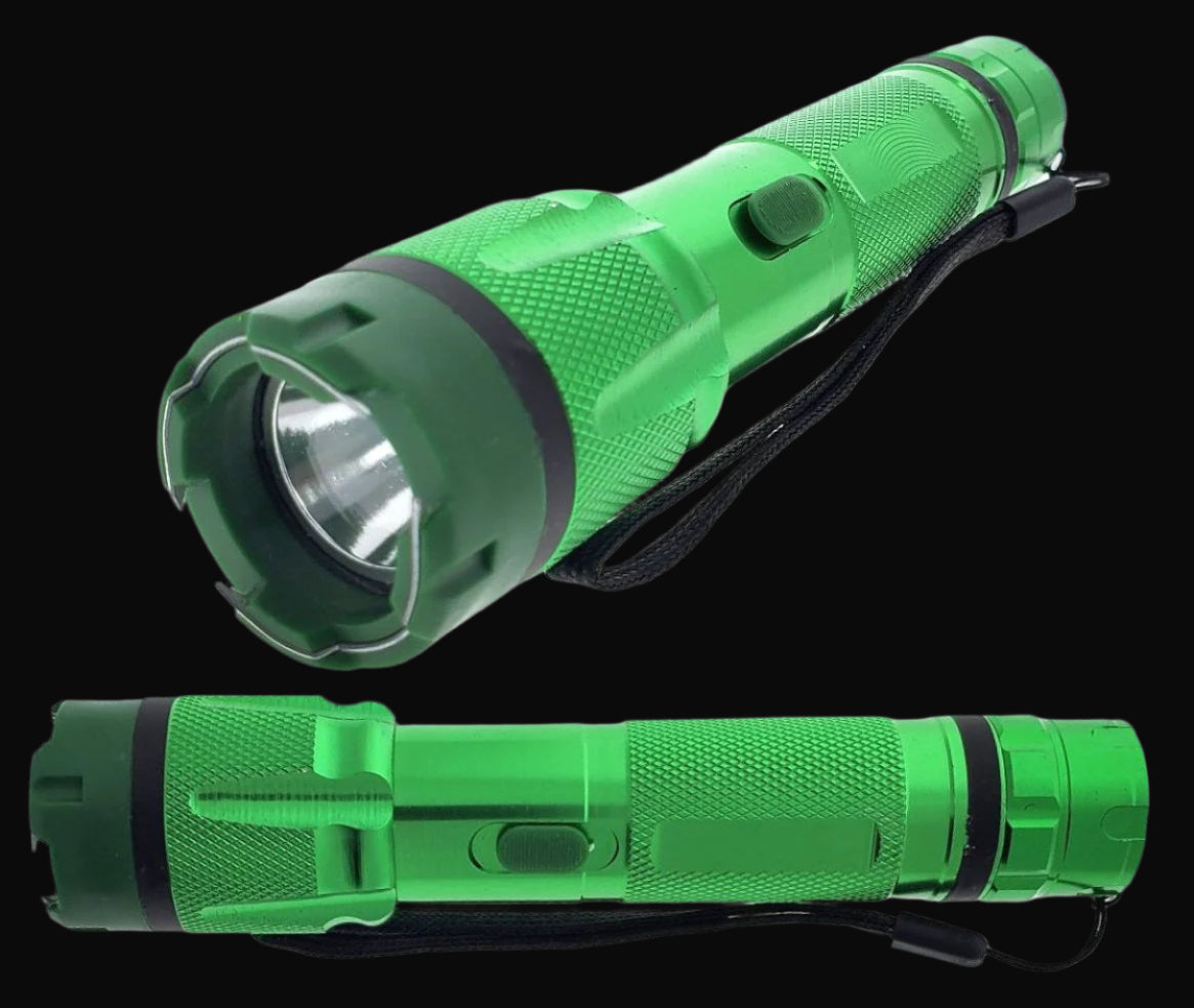 Guild Arms green rechargeable stun gun with flashlight and textured grip wrist strap compact tactical design