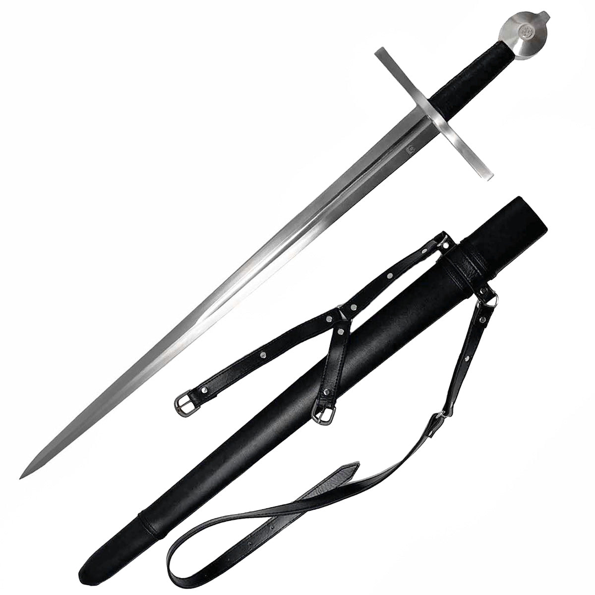 Hand-Forged Medieval Sword w/ Leather Strips with a sleek blade and black scabbard for collectors and reenactors
