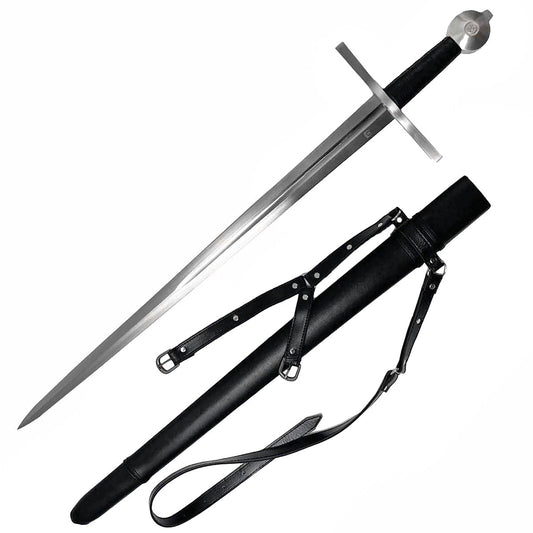 Hand-Forged Medieval Sword w/ Leather Strips with a sleek blade and black scabbard for collectors and reenactors