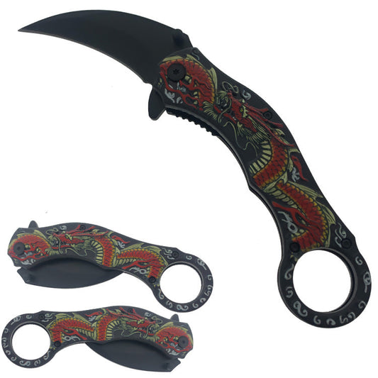 Guild Arms Karambit Spring Assisted Pocket Knife with Dragon Design and Curved Blade
