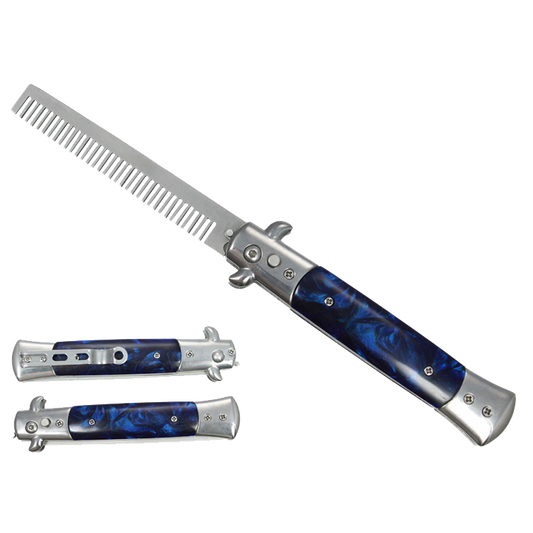 9 1/2" Button Press Blade Comb Faux Blue Marble