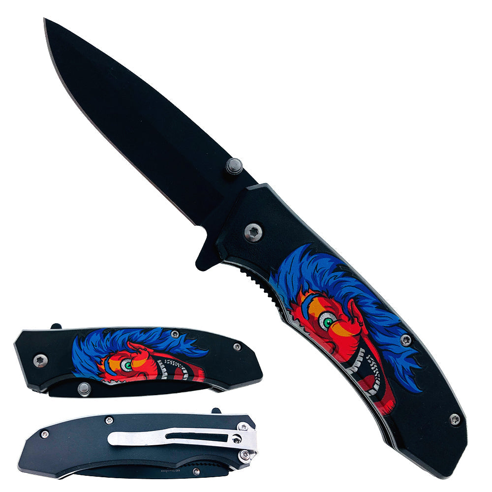 7" Black Blade Spring Assisted Knife w/Joker Design