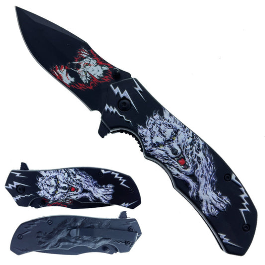 8" Silver Spring Assisted Knife 3D White Wolf