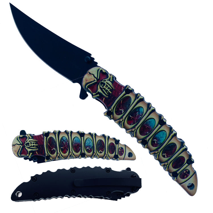 8.25" Skull Handle Spring Assisted Knife with Belt Clip - Red & Blue