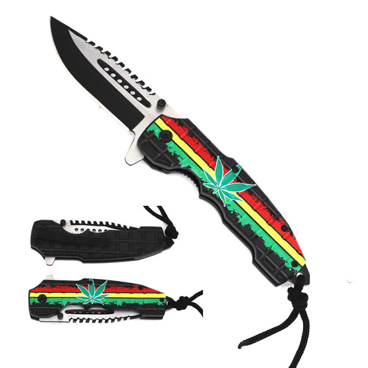 8" Overall Spring Assisted Knife Jamaica Marijuana Handle