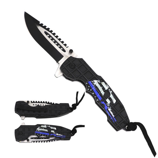 8" Overall Spring Assisted Knife Blue Line Skull Handle