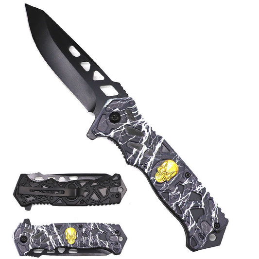 8.5" Spring Assisted Knife Black Thunder Skull