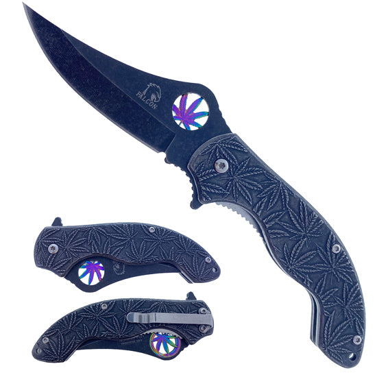 Falcon 7.5" Spring Assisted Knife w/ Black ABS Marijuana Design