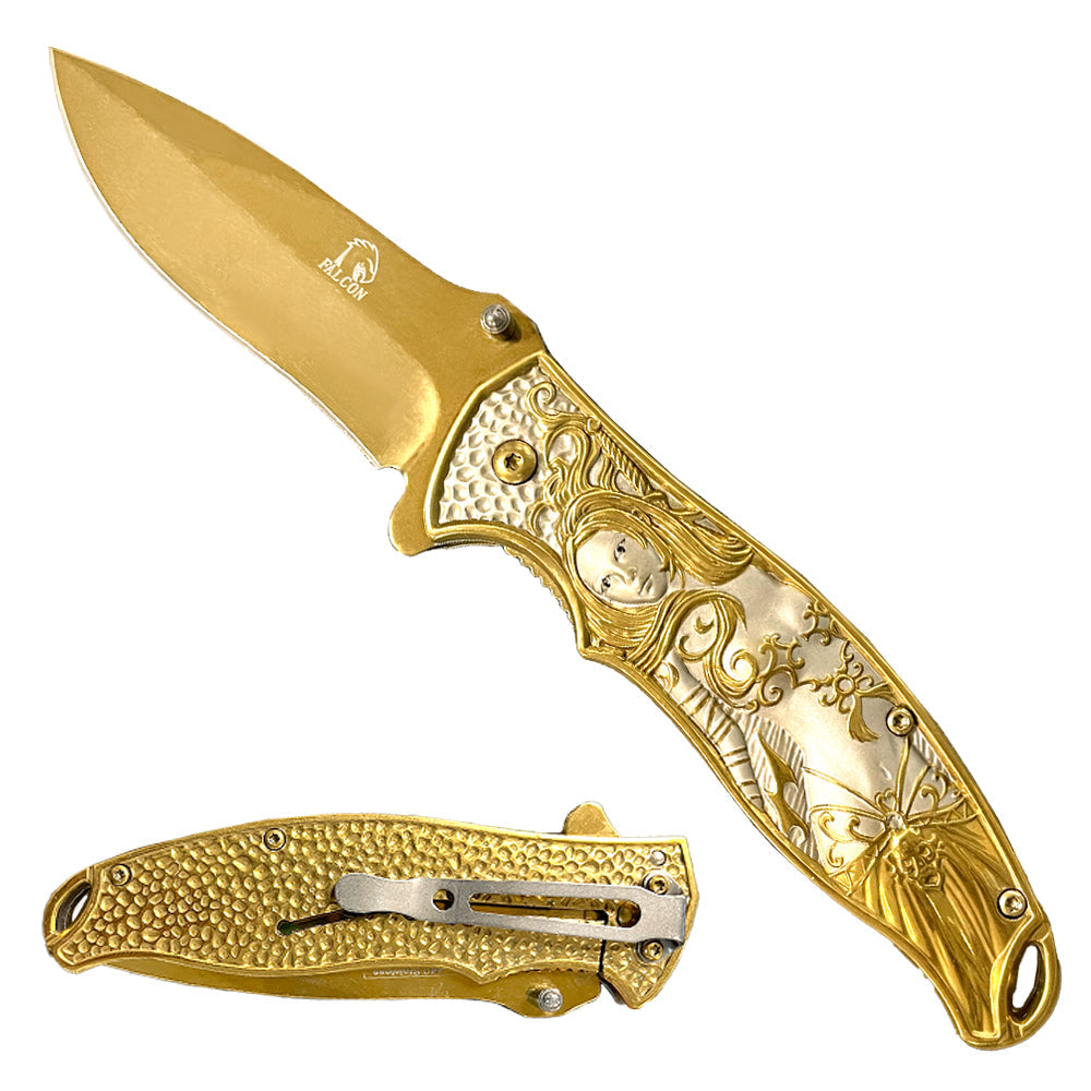 Falcon 8 1/4” Spring Assisted Knife w Gold 3D Mermaid