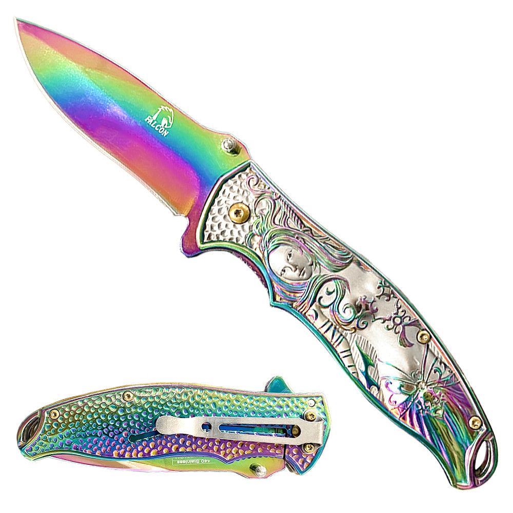 Falcon 8 1/4” Spring Assisted Knife w Rainbow 3D Mermaid