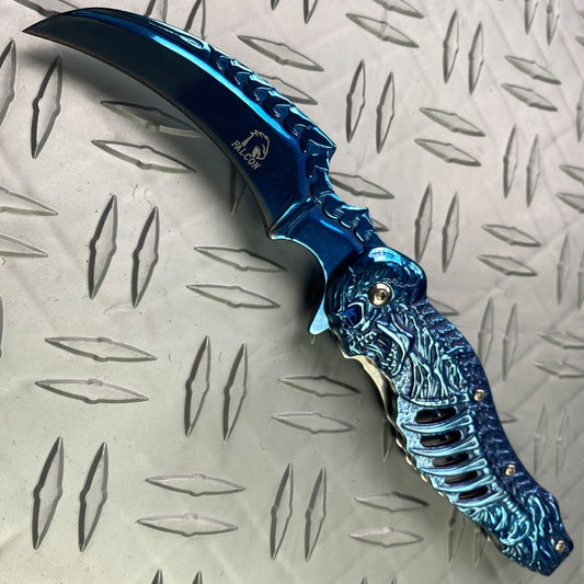 Falcon 7.75" Spring Assisted Knife Blue Skull