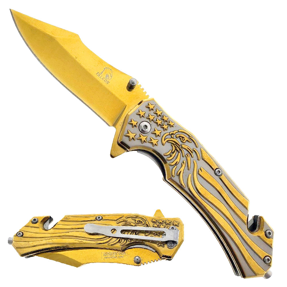 8 1/4"  Gold Spring Assisted Knife 3D Eagle w/Belt Clip