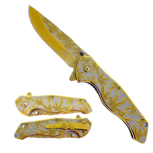 8" Overall Knife w Gold Marijuana Design