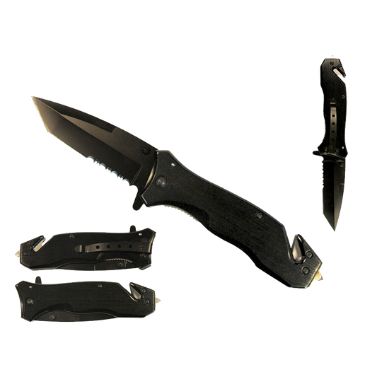 8" Black Folding Knife with seat belt cutter and glass breaker