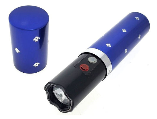 Guild Arms lipstick stun gun blue with floral design and protective cap removed showing activation button