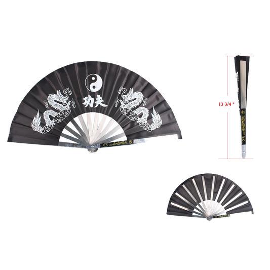 13 1/2" X 26" Steel black kung fu fan in black