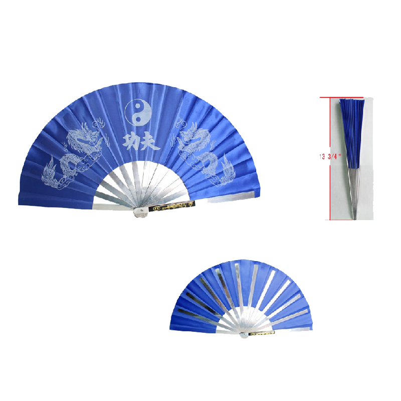 13 1/2" X 26" Steel black kung fu fan in blue