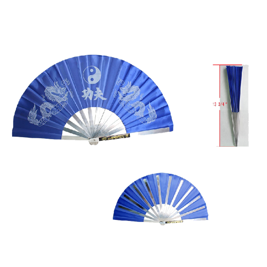 13 1/2" X 26" Steel black kung fu fan in blue